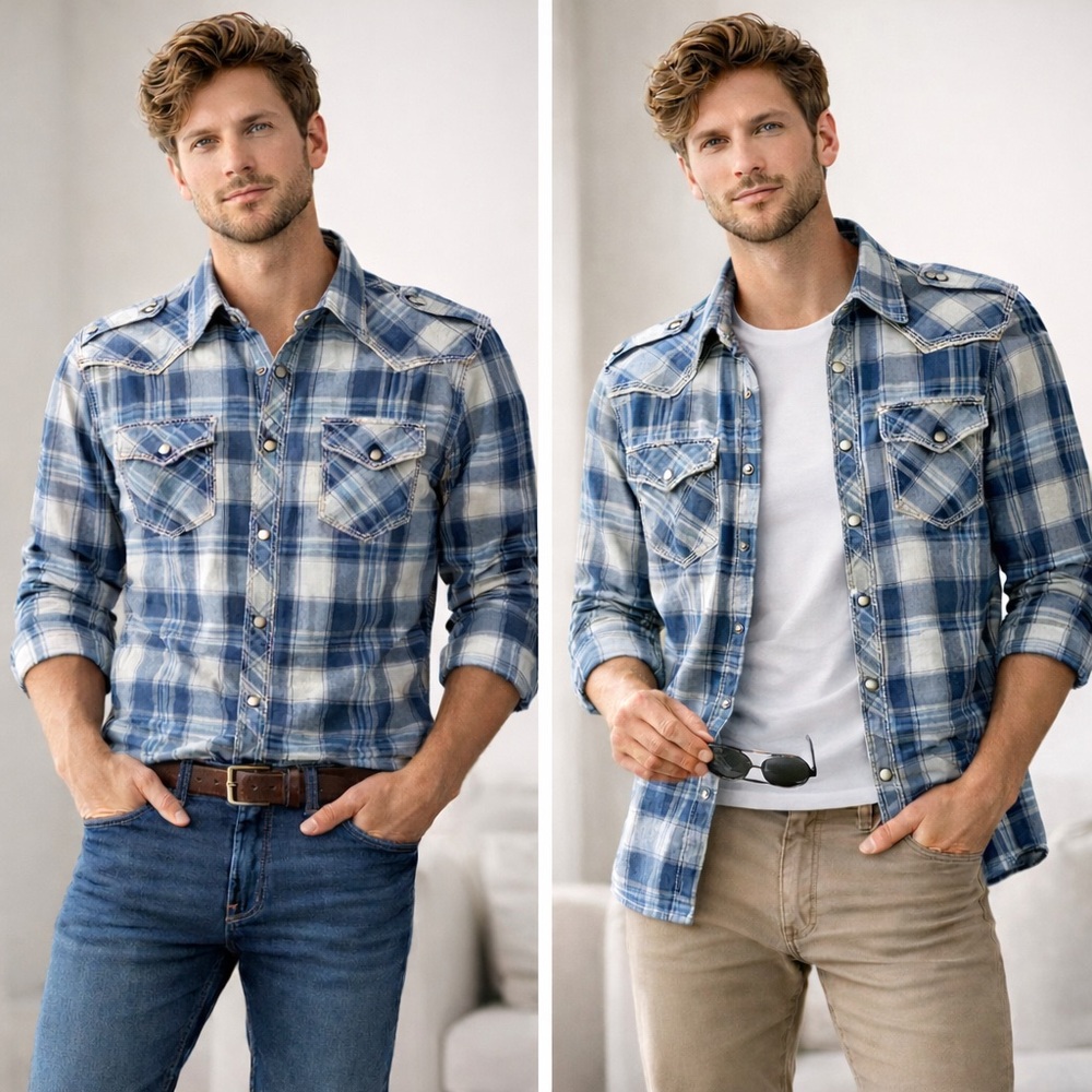 Buckle Blue and White Plaid Men's Shirt